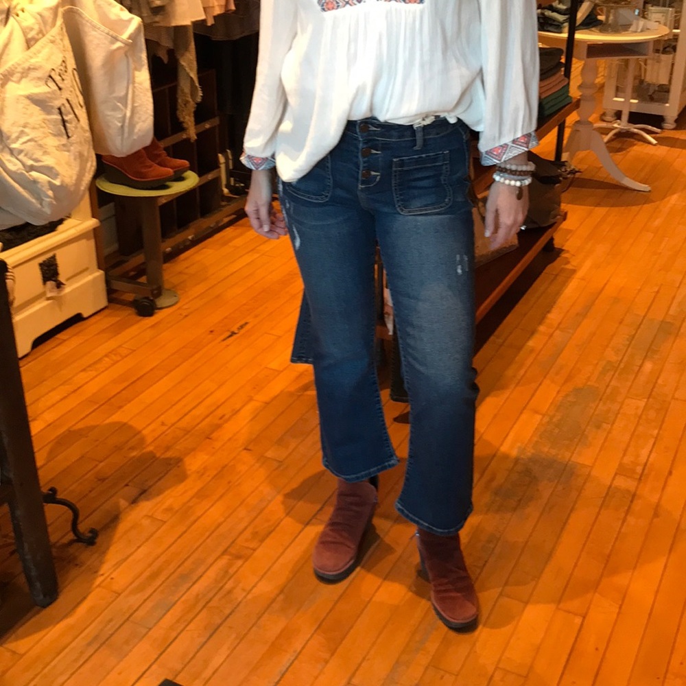 Crop flare button fly jeans